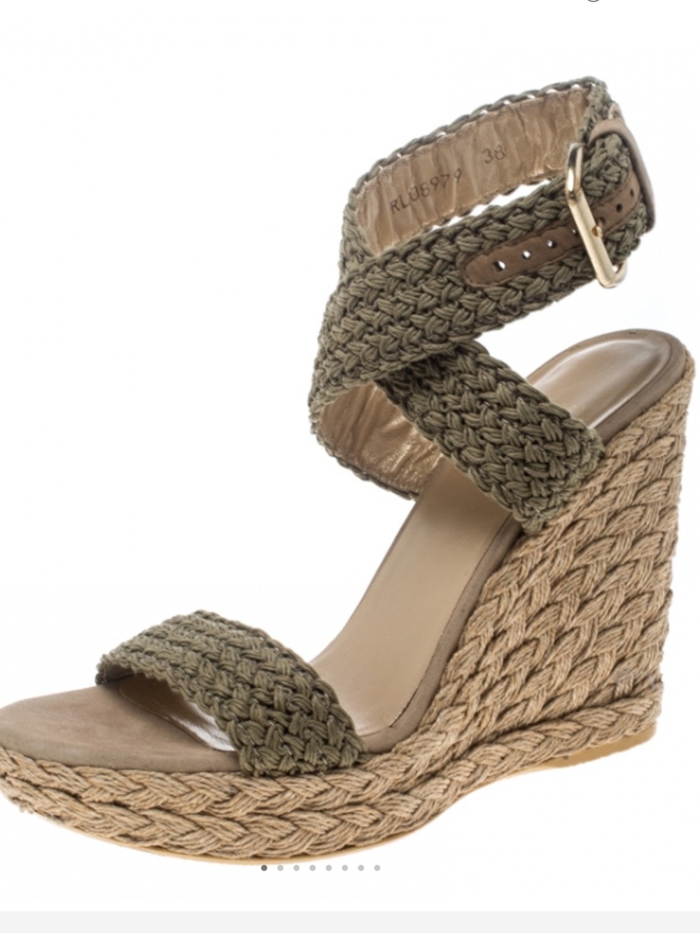 Stuart Weitzman Khaki Crochet Alex Ankle Halter Wrap Espadrille Wedge Sandals